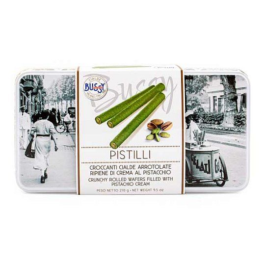 Хрустящие вафельные трубочки с фисташковым кремом PISTILLI, Bussy, 270 г (винтажная ж/б)